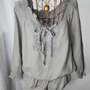 Linen August Silk Smocked Embroidered Blouse Size M Euro Summer